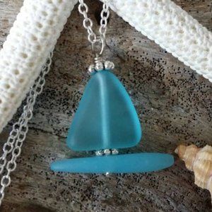 Turquoise Blue Sailboat Sea Glass Necklace Women Jewelry Gift